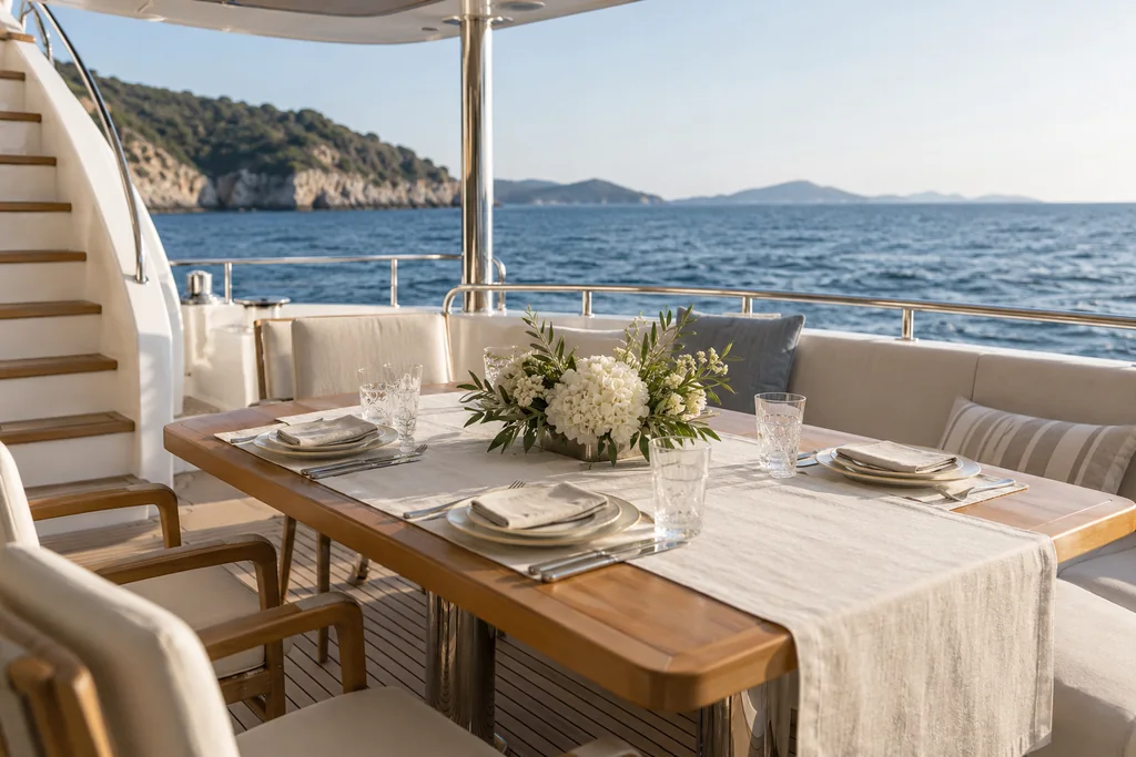 A private yacht dining table set simply for four with ivory linen, silver cutlery and one low arrangement, natural daylight, open sea