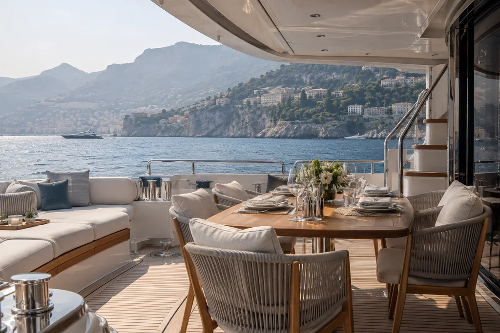Espace repas ombragé sur un yacht face à la côte de Monaco