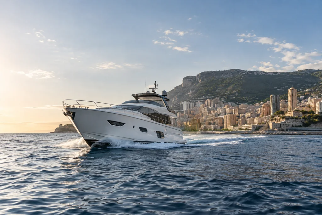 Yacht à moteur devant le littoral de Monaco, vu depuis la mer