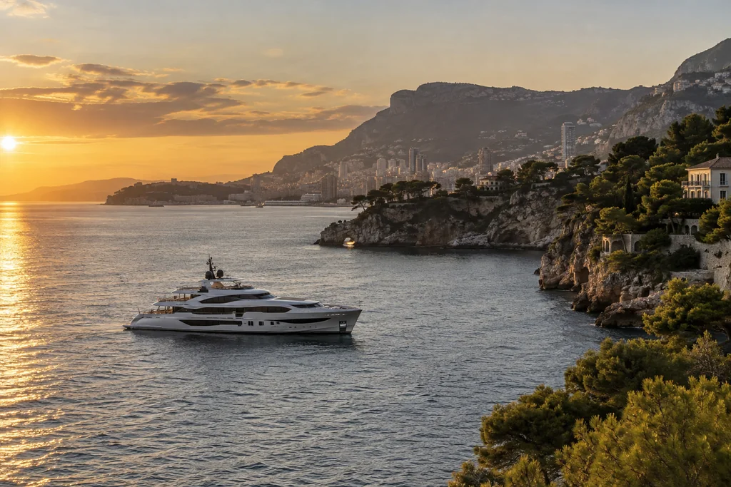 Reliefs et rivage vus au large sur une autre portion de côte près de Monaco
